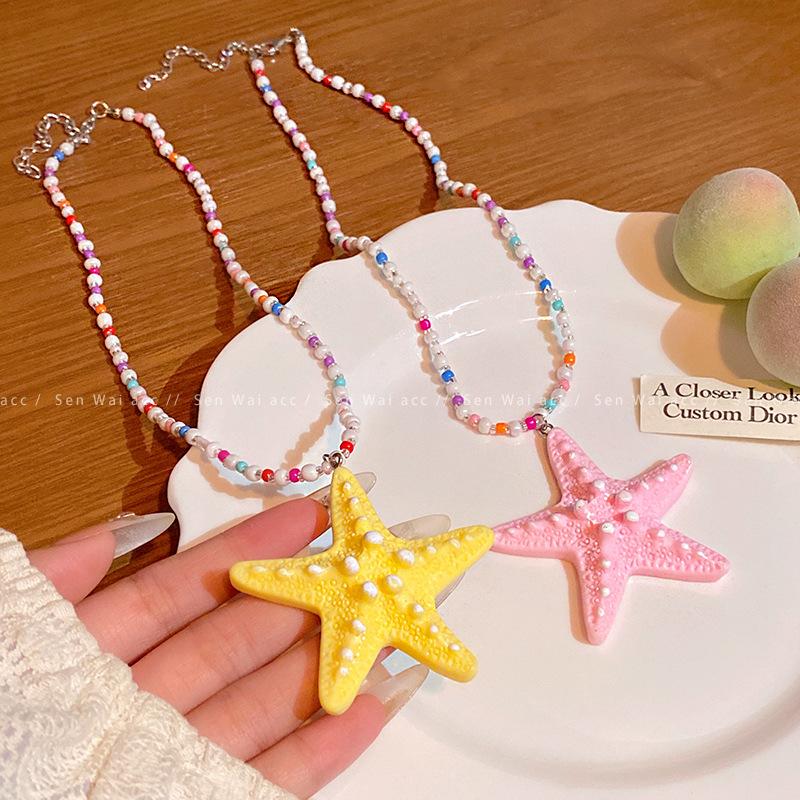 Holiday style color beaded starfish necklace female Internet celebrities with the same long collarbone chain exaggerated match
