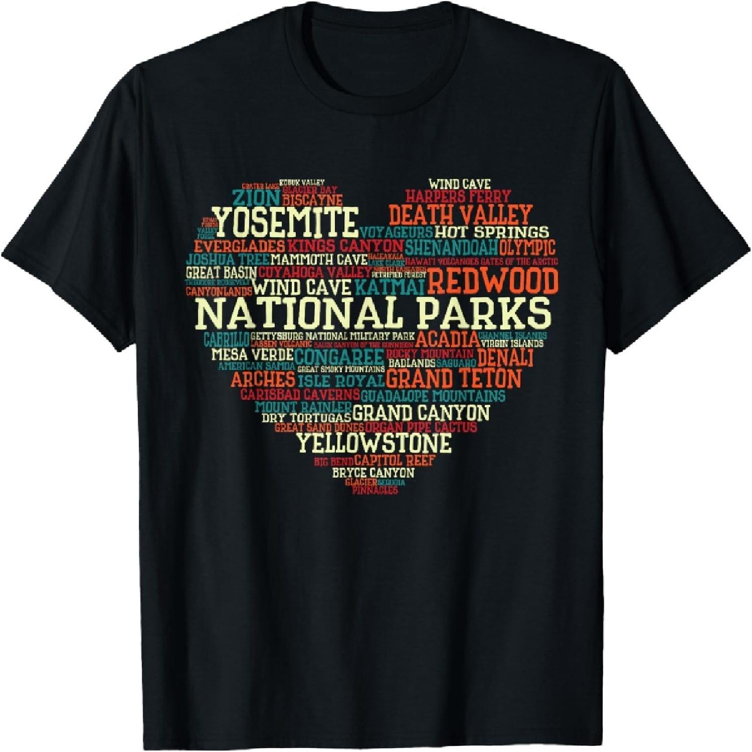National Parks List Word Cloud heart Camping Men Women Kids T-Shirt XXXXXL разноцветный