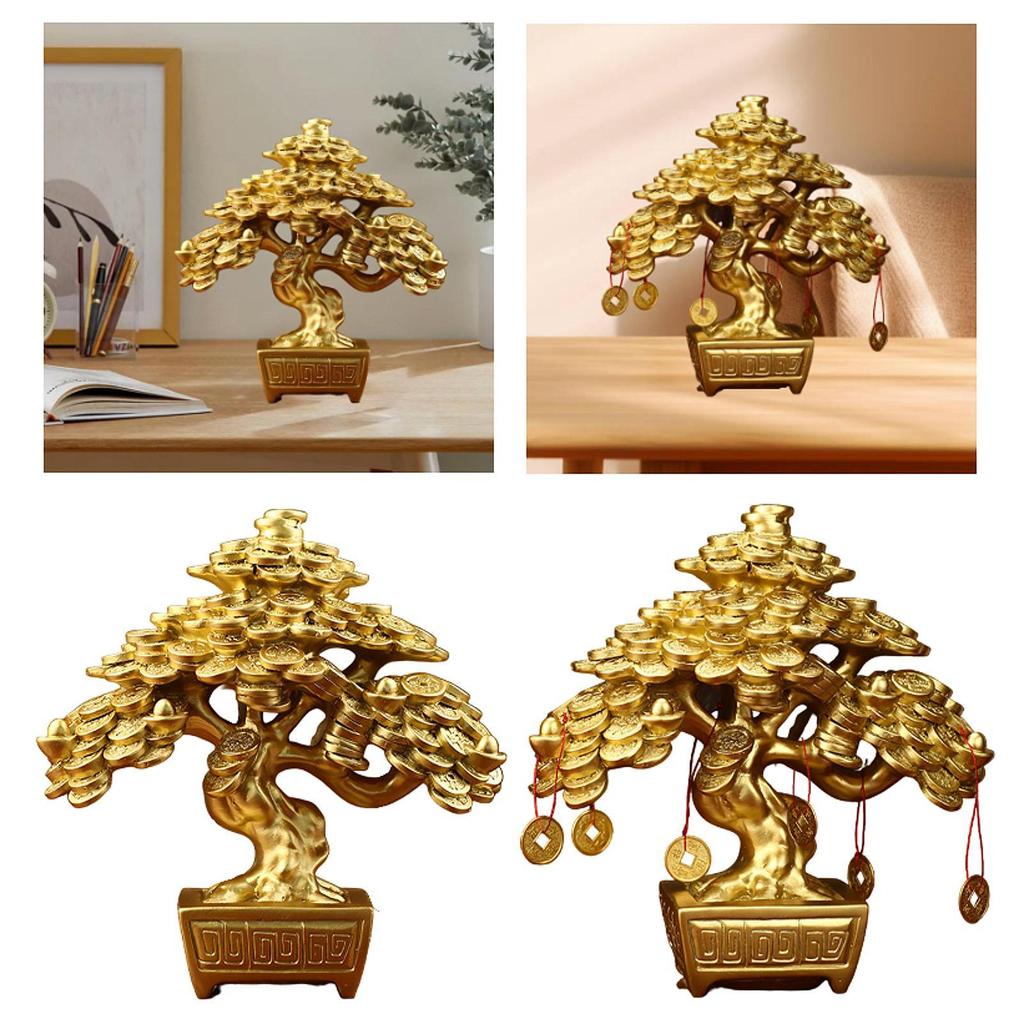 Chinese Money Tree Table Ornament Resin Figurine Lucky Tree Sculpture 6.8x3.5x7.6inch for Bedroom