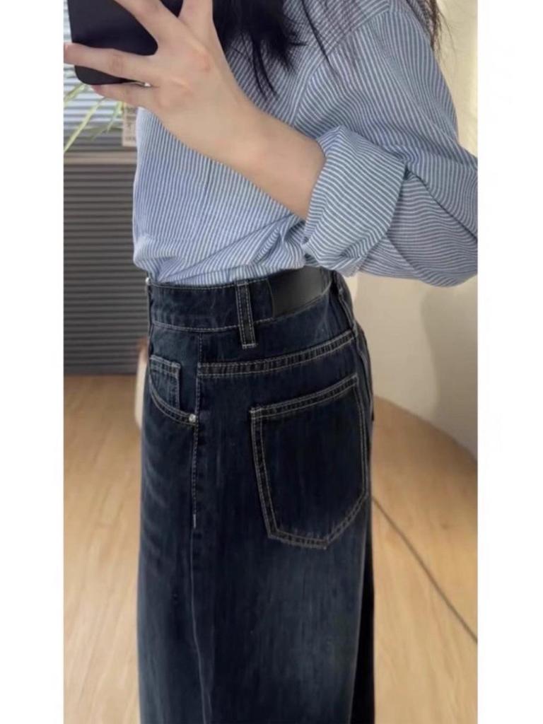 Women's High-Waisted Retro Blue-Gray Wide-Leg Jeans - Floor-Length, Loose Fit