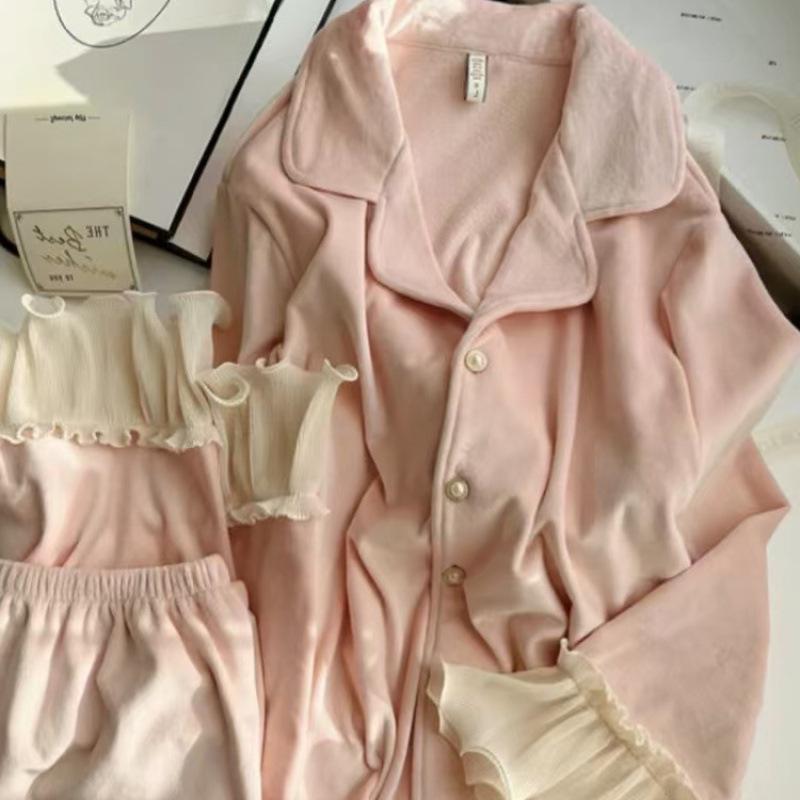 New Autumn-Winter Women's Long Sleeve Island Fleece Pajama Set with Cardigan, Korean Style Double-Sided Fleece, Wear Indoors or Out