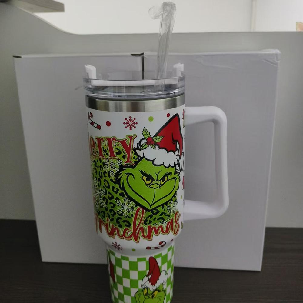 40oz 1200ML Vánoční Grinchův Tumbler s rukojetí a brčkem pro sport nebo cestování