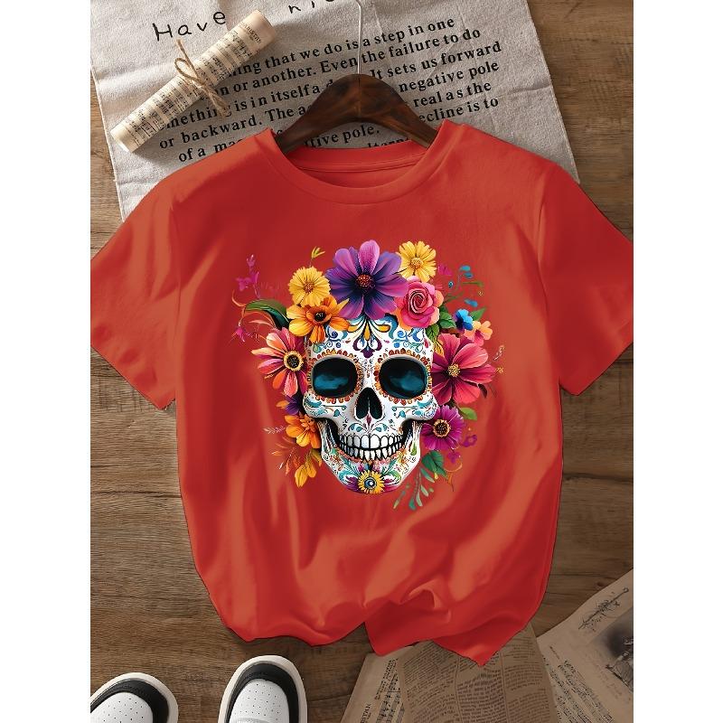 A581[Colorful Floral Skull Print Round Neck Short Sleeve T-Shirt]