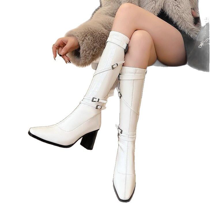 Fried Street Coarse Heel Tall Knight Boots Women's Autumn and Winter British Style Belt Buckle High Heel Skinny Boots Long Locomotive Fashion Boots