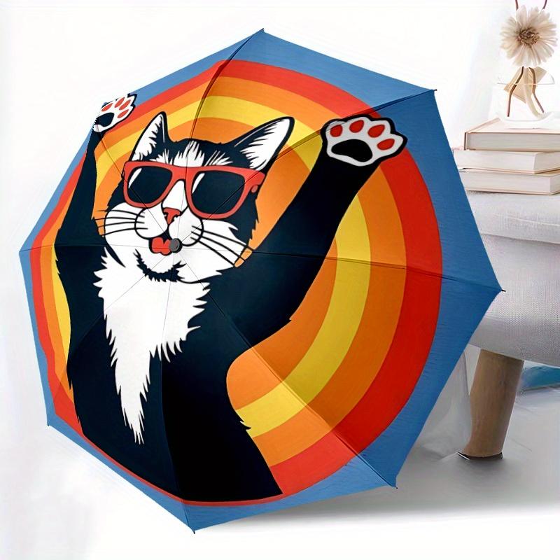 

1pc Automatic Open/Close Umbrella with Fashion Glasses Cat - Auto Open/Close Button, Compact Travel Umbrella, Sturdy 8-Rib Sha (as the picture,Iron&8K)