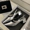 Fashion New Women's Silver Back Clasp Sandals Famele High-Heeled Rhinestone Mary Jane Shoes Ladies Slingback Temperament Gold Pumps
