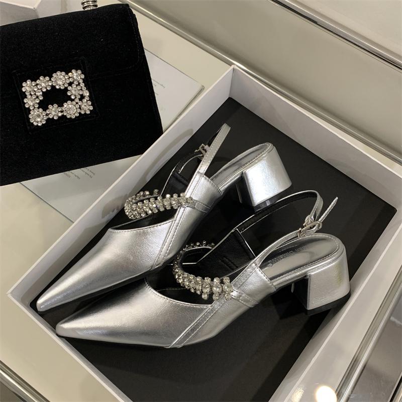 Mode Neue Damen Silberner Fersenverschluss Sandalen Famele High-Heel Strass Mary Jane Schuhe Damen Slingback Temperament Goldene Pumps