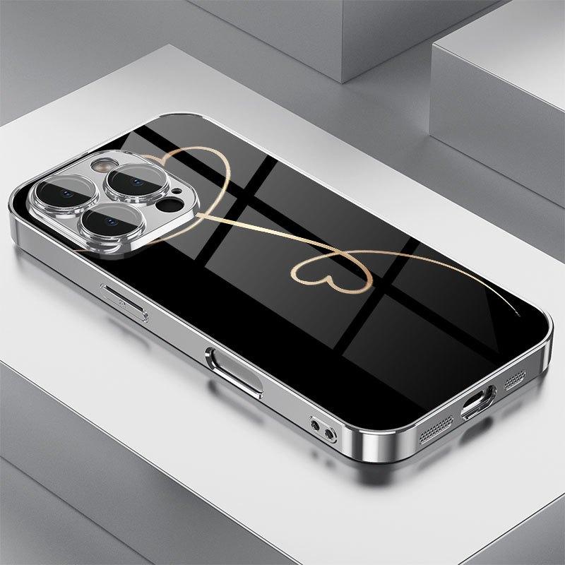 Love Heart Pattern Electroplated Glass Phone Case Suitable for iPhone 17 16 15 14 13 12 11 Pro Max Plus Shockproof Back Cover