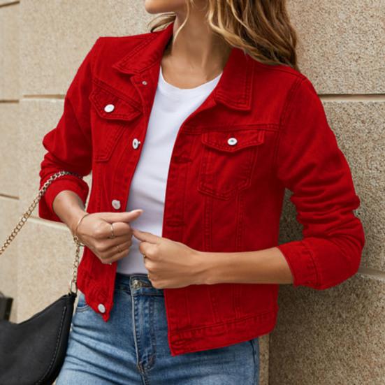 Dámská džínová bunda Jednořadá jednořadá klopa Kapsy s klopou Cardigan Teplé knoflíky Slim Fit High Street Dámský kabát do školy