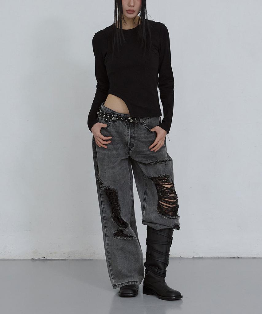 Uusoo Damaged Wide-Leg Denim Jeans_ Washed Gray