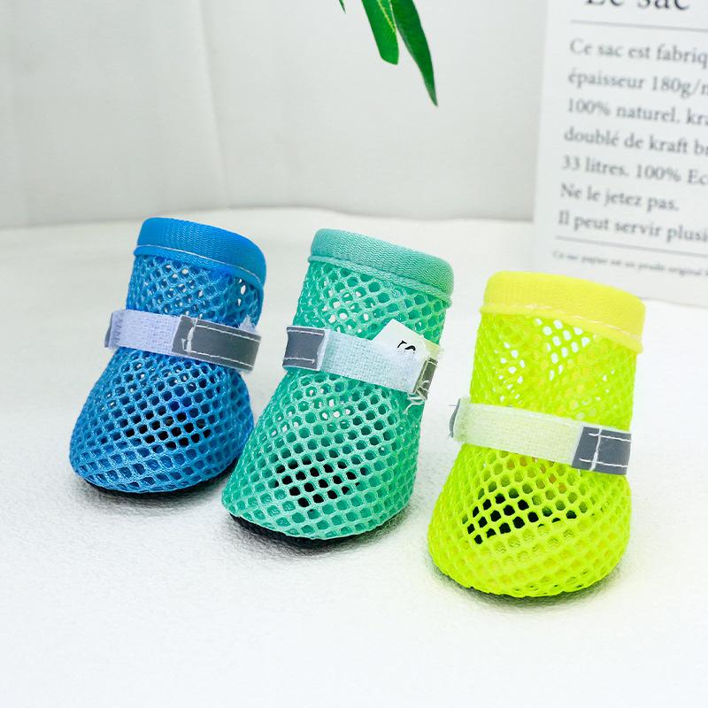 4Pcs Summer Cooling Dog Boots for Night Walks Breathable Mesh Dog Shoes with Reflective Straps & Soft Sole for Paw Protection