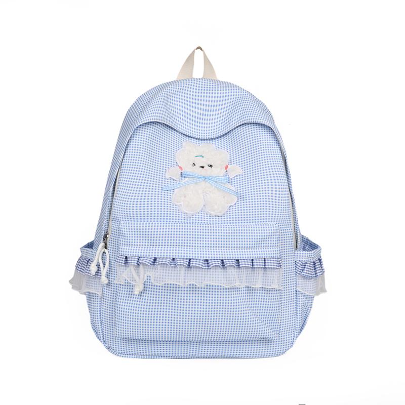 Kawaii Checkered Nylon Backpack with Fluffy Poodle Embroidery Sweet Style Women's School & Daily Bag