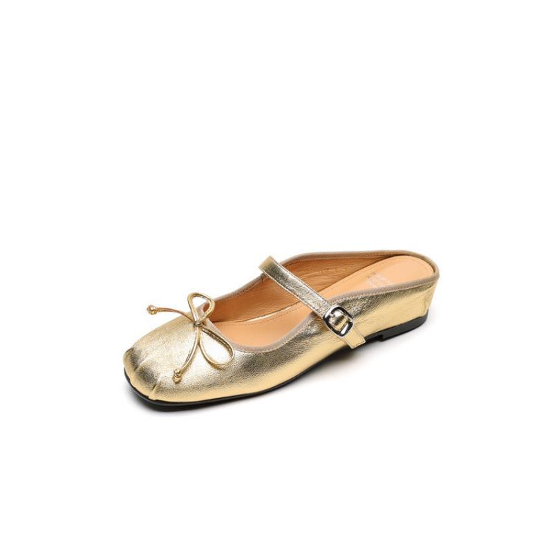 Französische Retro-Innenhöhenverstärkungstasche Kopf Halbschuhe Schleife quadratischer Kopf Schuhe Sommer Oberbekleidung mittlerer Absatz silber Damen Pedal
