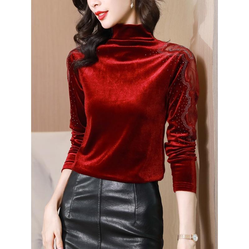 

Осень Новый Стиль Модный Новый Стиль Модный Универсальный Водолазка Кружево Бархат Железный Бриллиант Длинный Рукав Базовая Рубашка для Женщин 3XL красный
