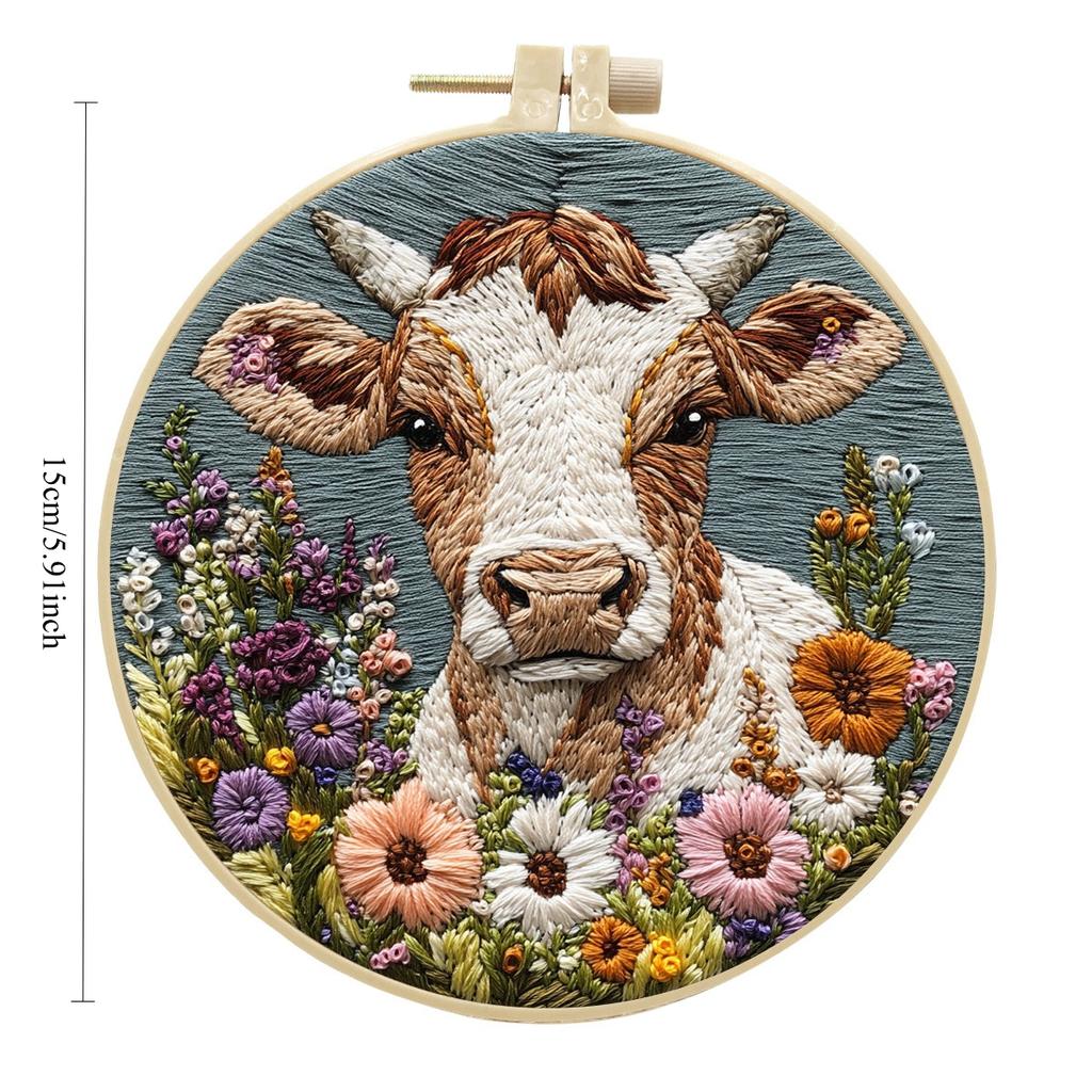 1 Stück Kuh- und Blumenmuster Stickerei DIY Stoffbastelset mit Werkzeugen