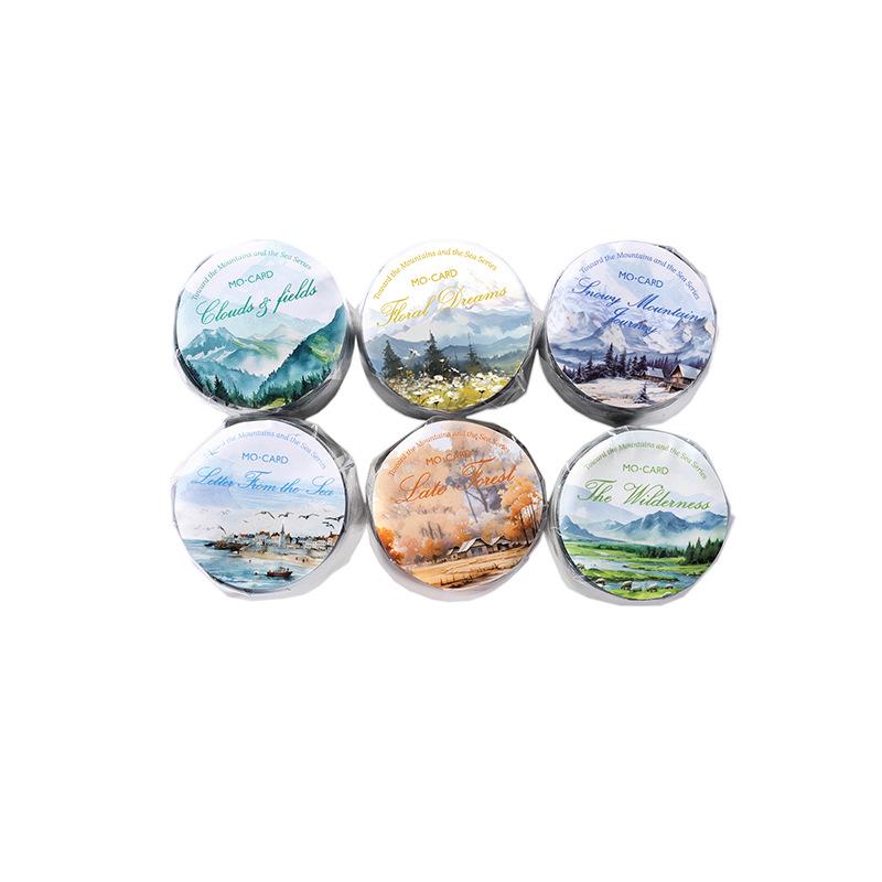 Momo PET Taśma o nieregularnym kształcie: Seria Wędrujące Góry i Morza - Sceniczne Naklejki DIY, 6 Unikalnych Wzorów