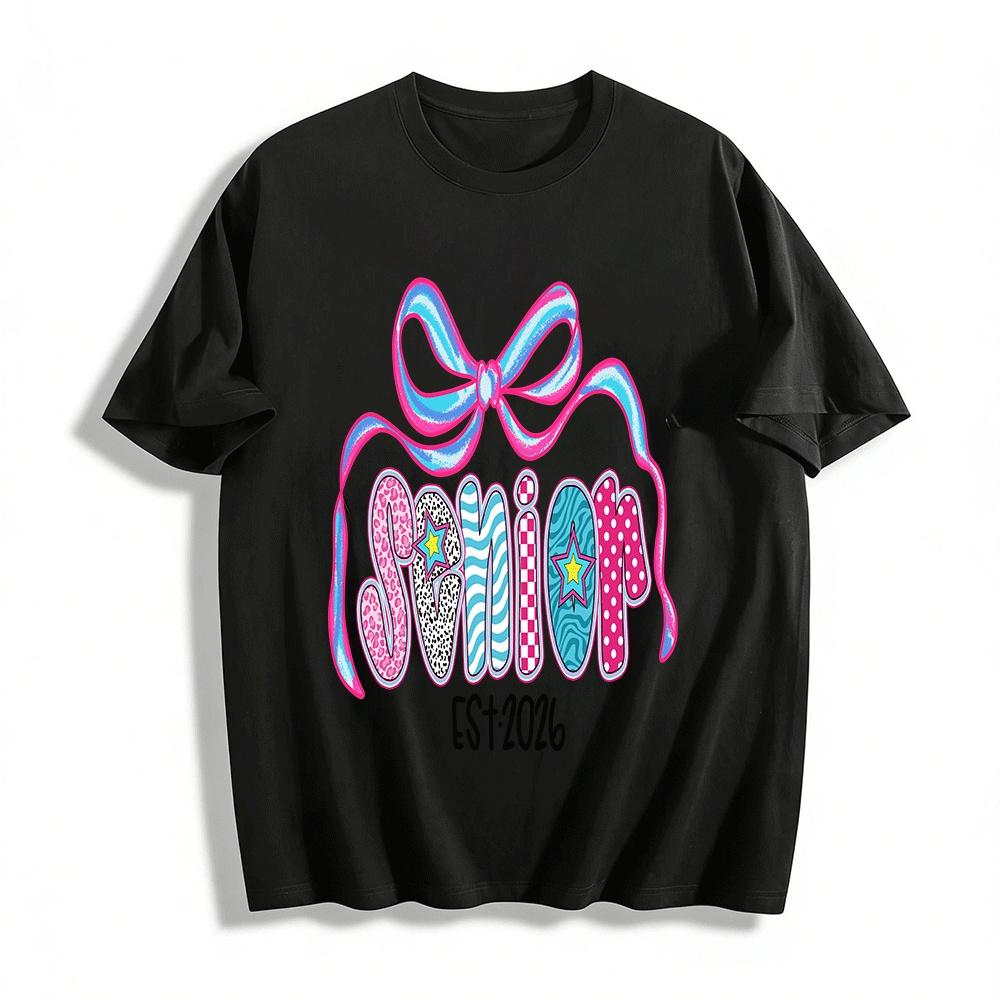 Retro Senior 2026 Bow Print Casual Graduation T-Shirt Pure cotton T-shirt XXS