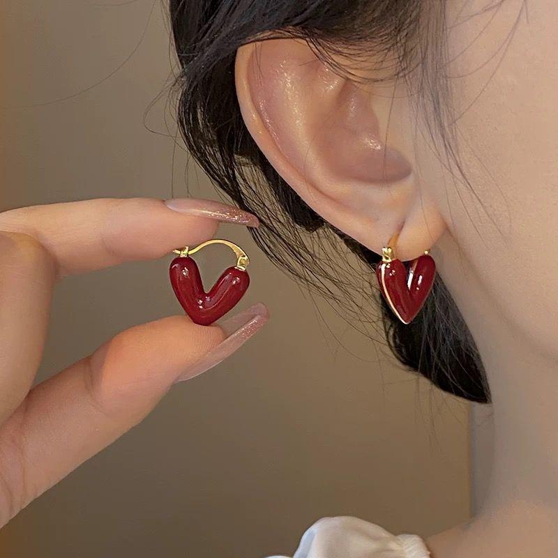 

Wine Red Heart Hoop Earrings Women Minimal Enamel Fashion Ear Jewelry 1pair красный