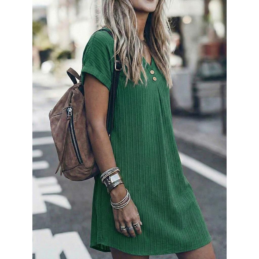 Women's Striped Shirt Dress Short Sleeve Button Front Casual Loose Fit Dress