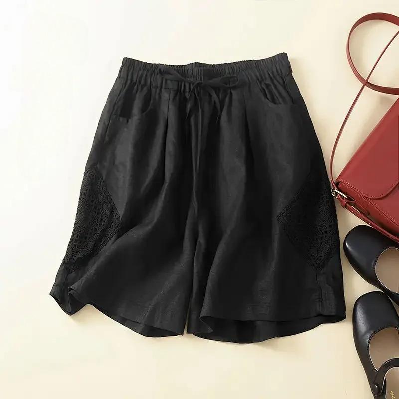 Women's Green Linen Shorts Elastic Waist Drawstring Lace Patchwork Casual Loose Fit Summer Shorts