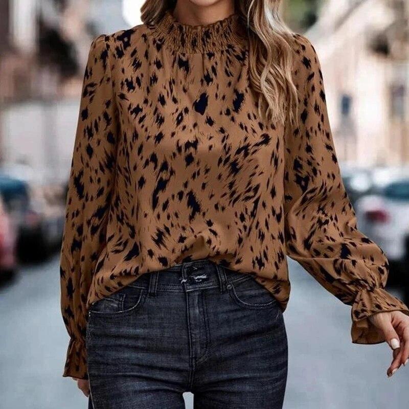 2023 Zebra Print Long Sleeve Half-high Collar Blouse Fashion Womens Clothes Temperament Tops PolyesterLoose Office Shirt 24644