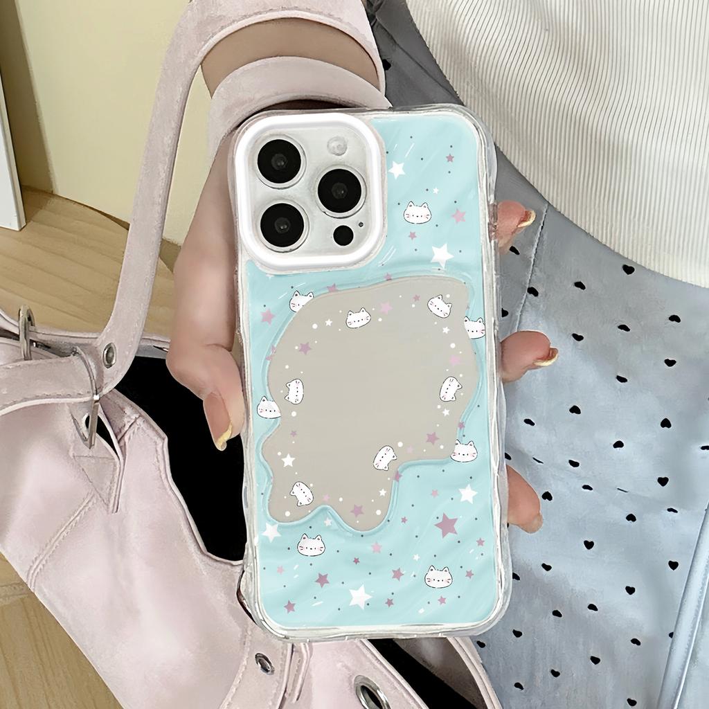 Cute Cat Wave Mirror Is Suitable for Apple 16/15/iphone13promax Huawei Makeup Mirror Mobile Phone Case