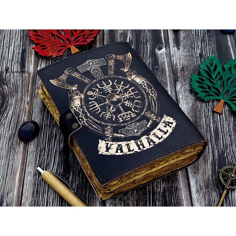 Handmade Leather Journal Valhalla Viking Vegvisir Journal For Traveling Sketchbook Blank Notebook For Men Women Birthday