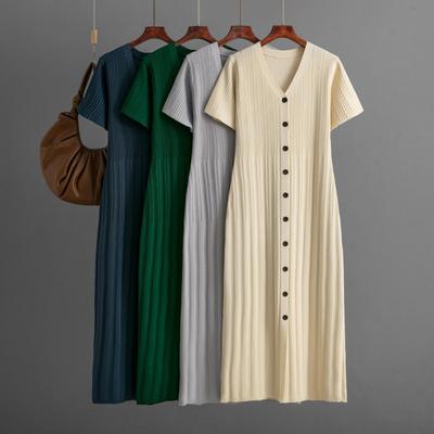 Dress Women's Summer Casual V-neck Solid Color Short-sleeved Long Dress 2025 New Foreign Style Waist and Thin Knitted Skirt