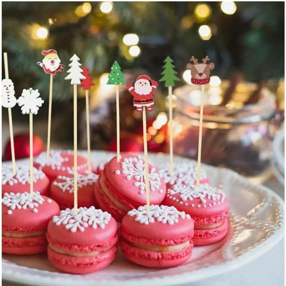 Christmas Bambusa Cocktail Picks 100PCS Featuring Santa Snowman Tree Reindeer and Snowflake Designs for Holiday Parties