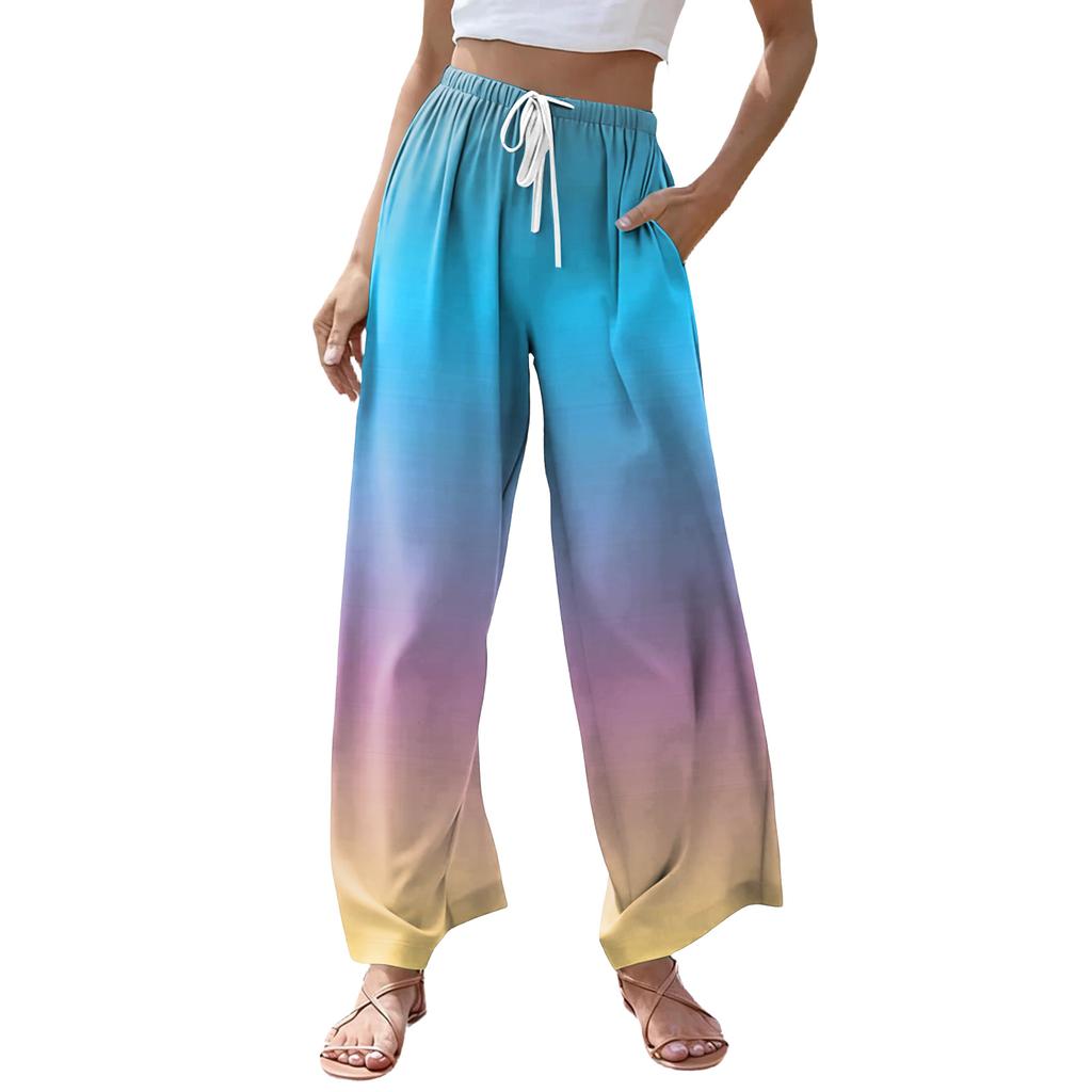 Women's Casual Gradient Print Wide Leg Drawstring Pocket Beach Casual Pants