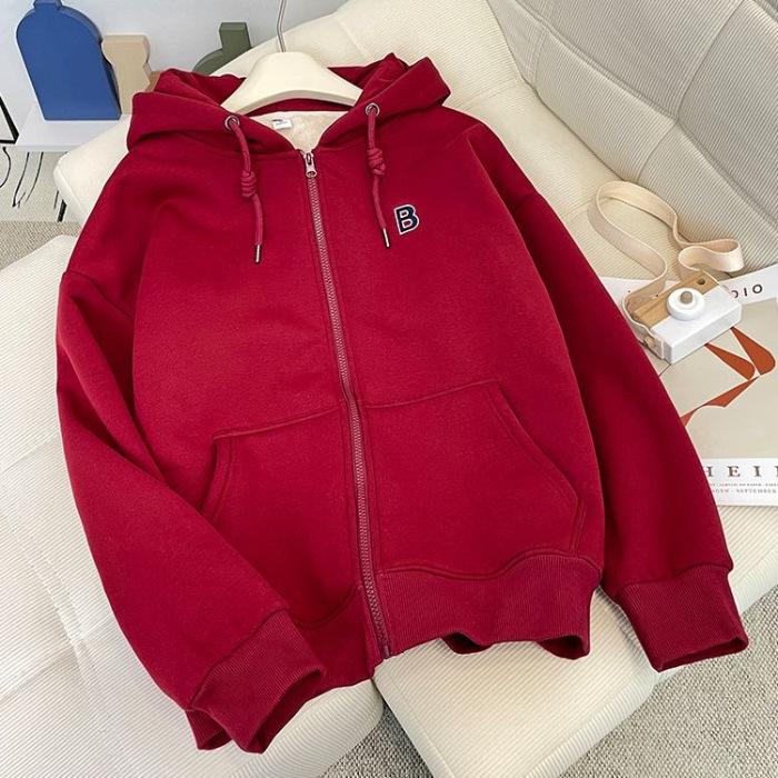 

Женская толстовка с капюшоном на флисовой подкладке - Толстый теплый кардиган на молнии с длинными рукавами для осени/зимы M бордовый