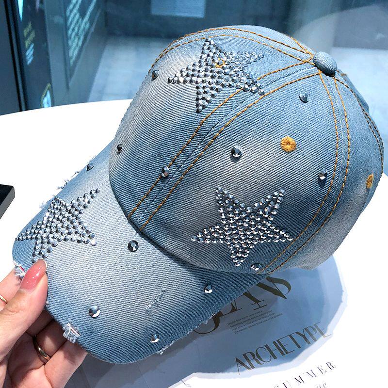 Women Punk Shiny Rhinestone Denim Baseball Cap Hip Hop Star Snapback Peaked Hat Adjustable Unisex  Korean Girl Dad Trucker