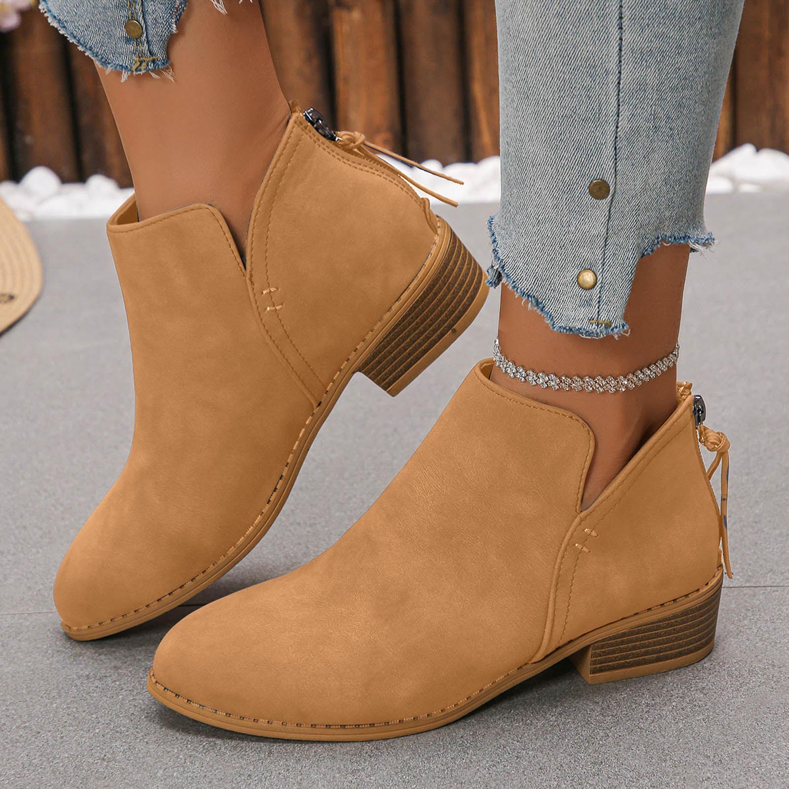 Женские ботильоны на каблуке Модные на толстой подошве Массивный каблук Женская обувь с круглым носком Модная повседневная Замша Задник Zapatos De Mujer 36 коричневый 2950₽