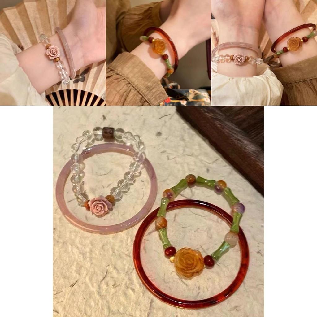 Elegant New Chinese Style Rose Flower Bamboo Segment Women's Bracelet Luxurious Handcrafted Glass Jewelry