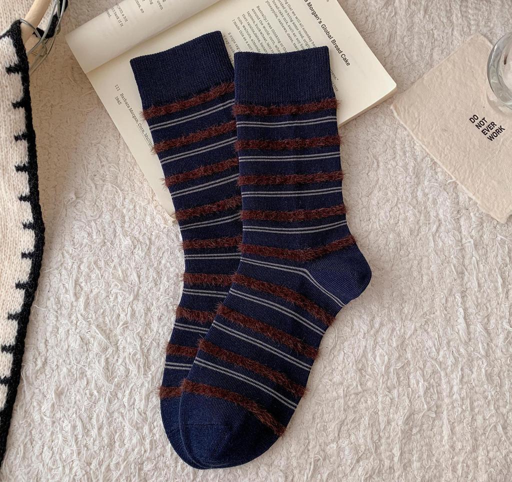 Hairy Contrasting Color Sweet Tube Socks Colorful Retro Striped Socks Personalized Splicing Socks Fashion