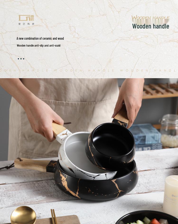 Nordische Minimalistische Keramikschüssel mit Marmormuster und Holzgriff