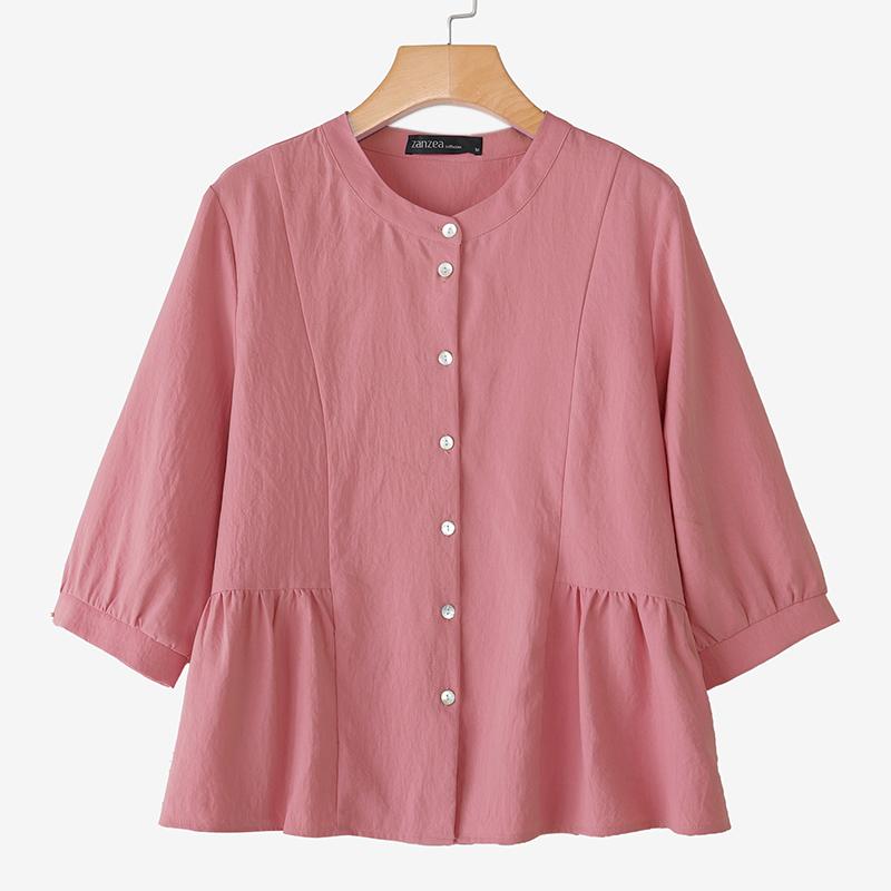 

ZANZEA Женская повседневная блузка из хлопка свободного кроя с круглым вырезом и рукавами 3/4 5XL камео розовый