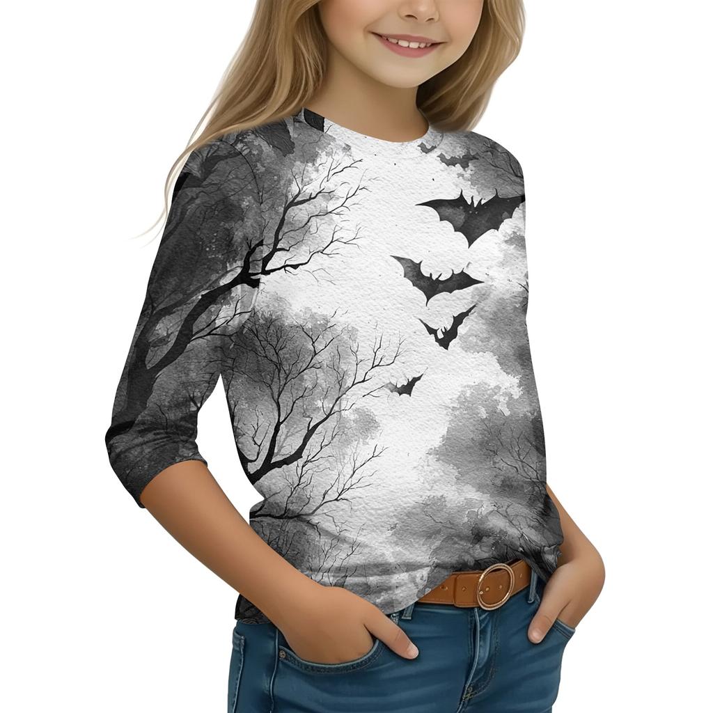 Kids Halloween Printed T-Shirt with Pumpkin Witch Design, 7/8 Sleeve Round Neck Top for Daily Wear
