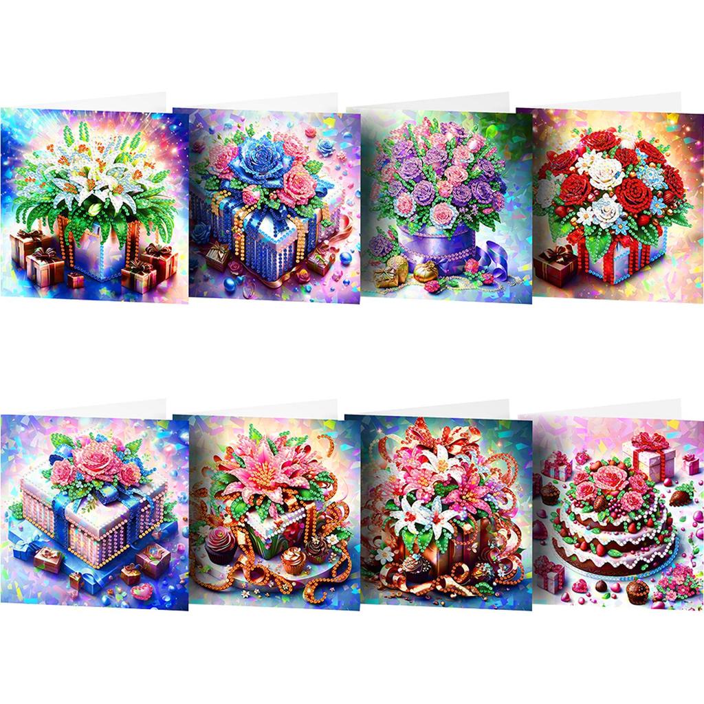 8Pcs Flower Envelope Rhinestone Painting Card Kit Diamond Daily Wish Card Diamond Painting Greeting Card for Adults Beginners