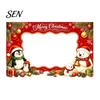 Festive Seasonal Event Banner Christmas Cartoon Photo Booth Frame Banner, Xmas Selfie with Elk Theme Props Penguin Bear, Holiday Party Handheld Prop,