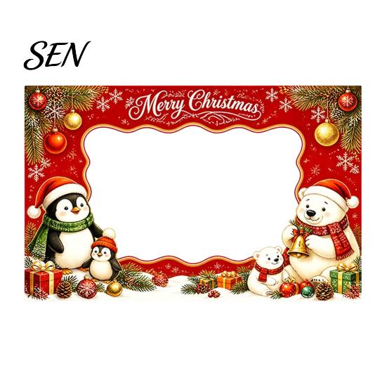 Festive Seasonal Event Banner Christmas Cartoon Photo Booth Frame Banner, Xmas Selfie with Elk Theme Props Penguin Bear, Holiday Party Handheld Prop,