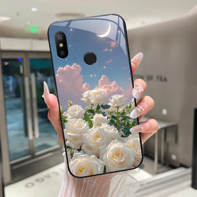 Beautiful Flower Cute Cartoon Cats Case For Xiaomi Mi A2 / Mi A2 Lite Tempered Glass Phone Case Protective Back Cover Hard Shell