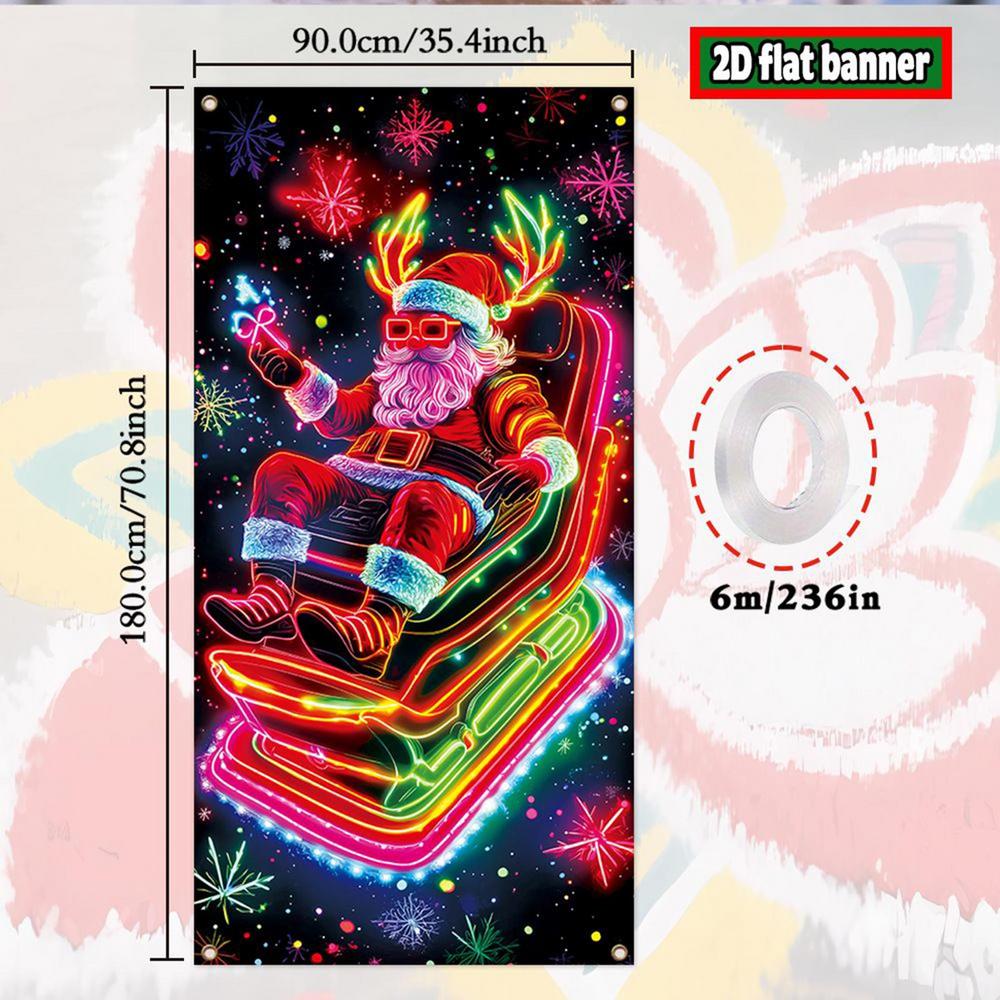 Santa Front Door Cover 3x6ft UV Fluorescent Christmas Decorations Front Door Holiday Background For Garage Porch Entrance