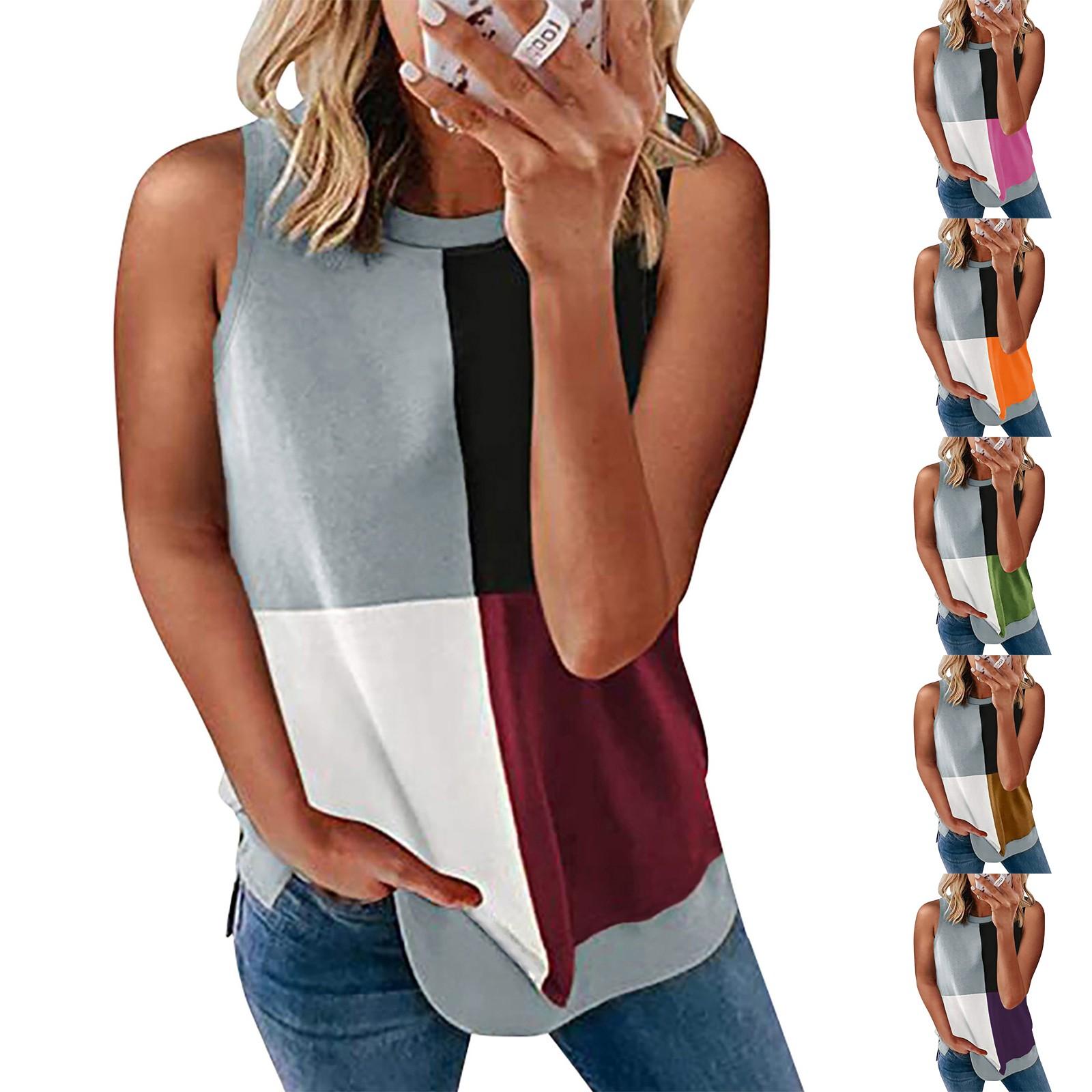 

Женская летняя повседневная рубашка без рукавов с круглым воротником и цветными блоками