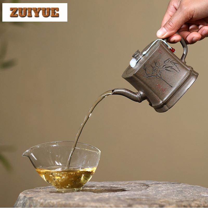 300ml Handmade Yixing Purple Clay Teapots Handmade Square Bamboo Joint Pot Raw Ore Crust Green Mud Kettle Chinese Zisha Tea Set