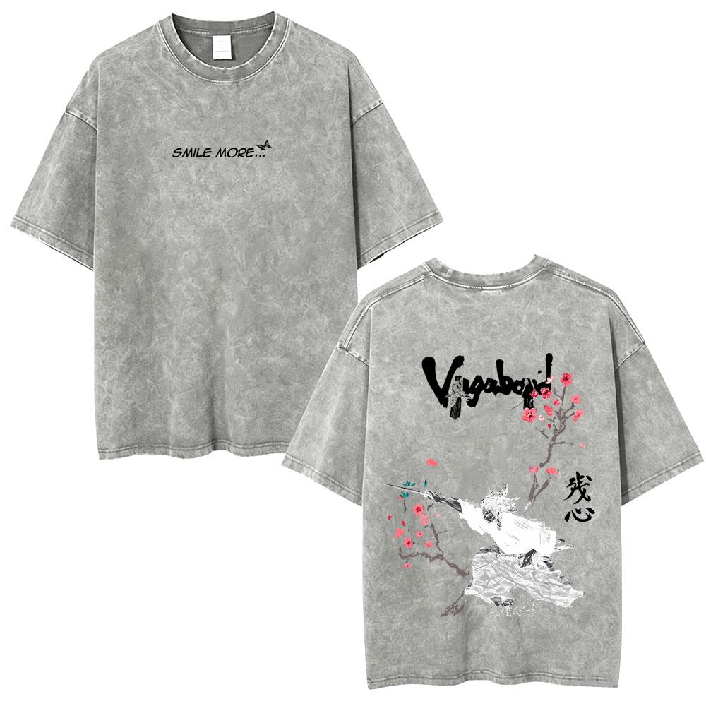 Gewaschenes Vintage Anime Vagabond Miyamoto Musashi Kirschblüten Grafik T-Shirt Herren Damen Lässiges Oversized T-Shirt 90er Jahre Streetwear