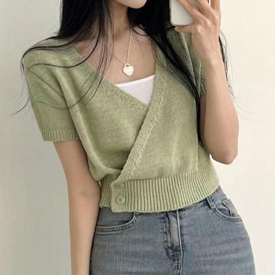 Temperament V-neck Cross Slash Placket Row of Buttons Short-sleeved Knit Shirt Summer Short Tops Female Casual Essential Slim Fit Pullovers Tees