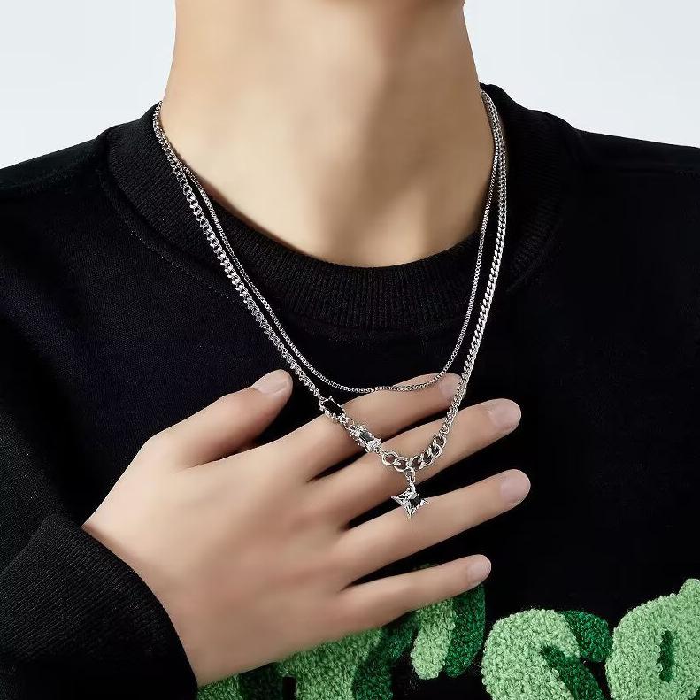 Mangxing double-layer necklace trendy men's sweater chain light luxury niche design hip-hop style couple boys female collarbone chain