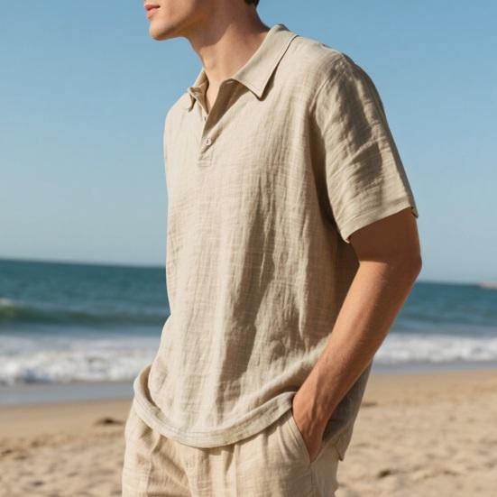 Chemise d'été à manches courtes en lin pour homme, respirante, couleur unie, col à revers, boutonnée, T-shirt ample décontracté, haut de blouse de base