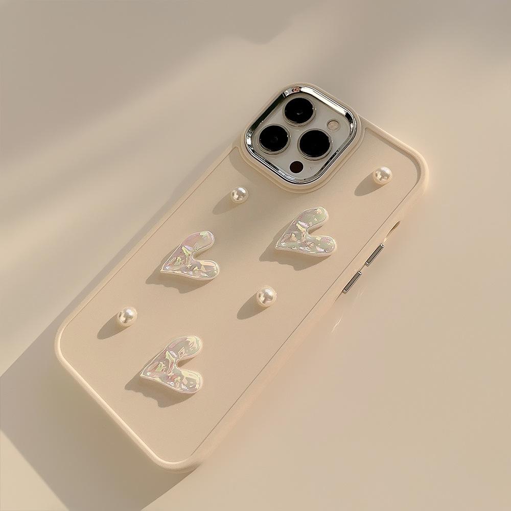 

For iPhone 15 Pro Max Case Pearl Heart Aesthetic Shockproof TPU Phone Cover Beige